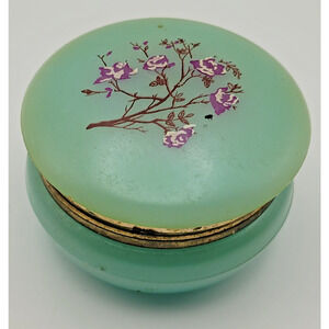 Vintage Blue Hinged Trinket Box with Flower Design 80's Made in Hong Kong 2.5"